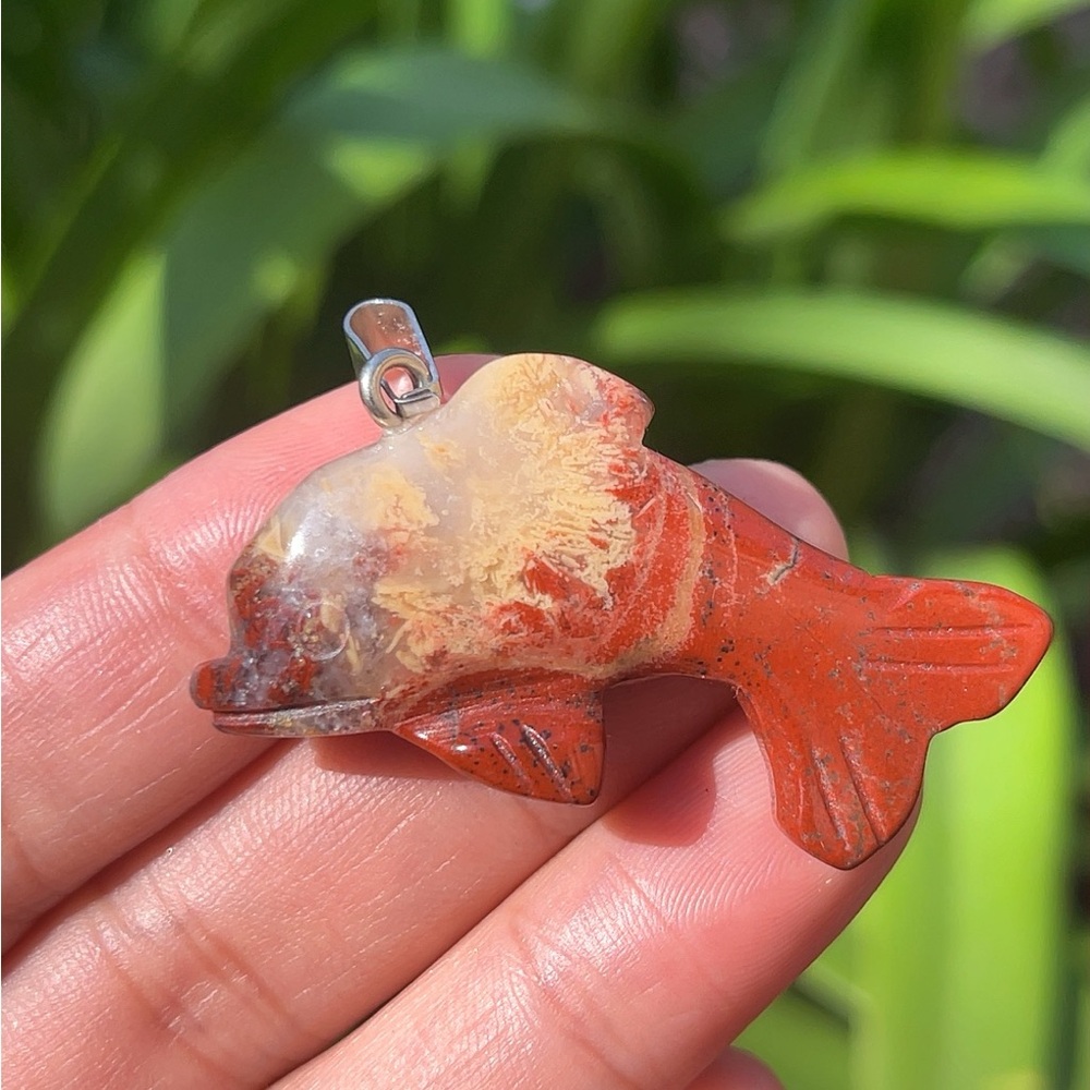 Stainless steel red‎ jasper dolphin carving pendant
